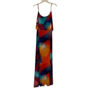 BISOU BISOU Michele Tropical Floral Maxi Dress NWOT Orange Teal Blue Red Size 14